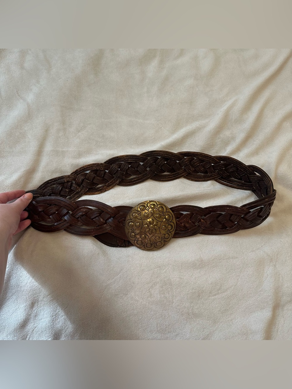 Vintage Brown Braided Leather Belt with Gold Buckle